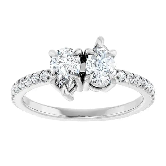14K White Gold 1 CTW Pear-Shaped and Round Diamond Two-Stone Engagement Ring with Pavé Band
