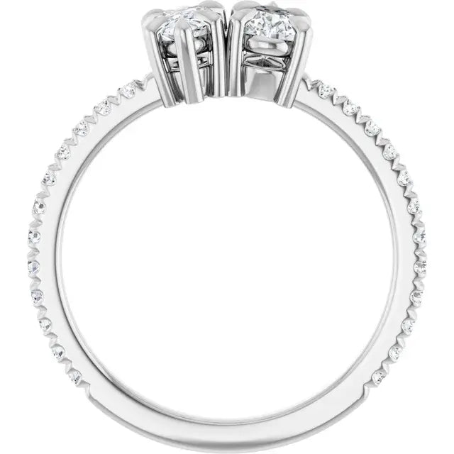 14K White Gold 1 CTW Pear-Shaped and Round Diamond Two-Stone Engagement Ring with Pavé Band