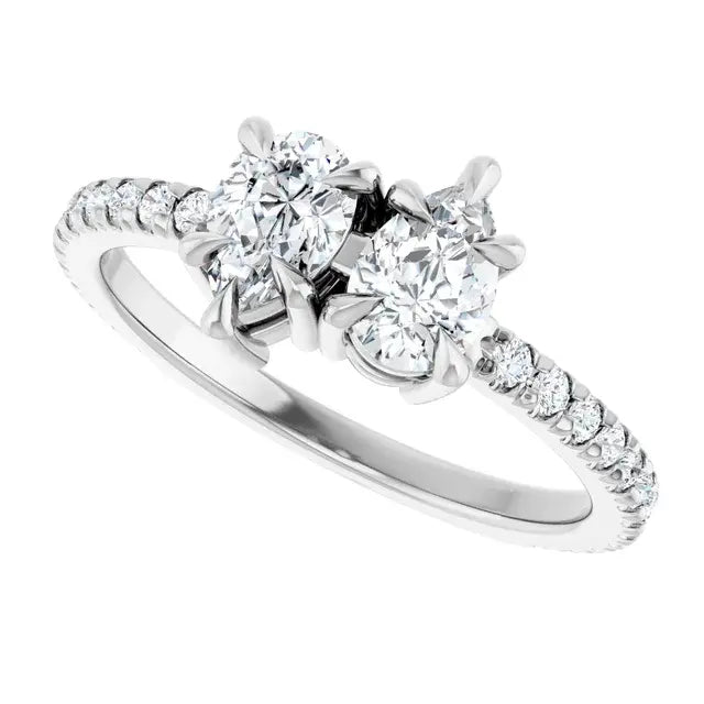 14K White Gold 1 CTW Pear-Shaped and Round Diamond Two-Stone Engagement Ring with Pavé Band