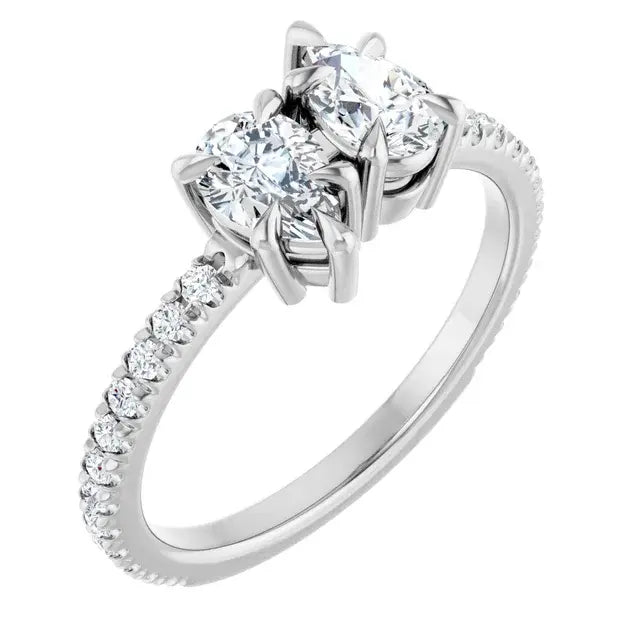 14K White Gold 1 CTW Pear-Shaped and Round Diamond Two-Stone Engagement Ring with Pavé Band