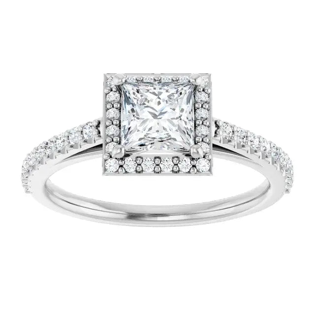 14K White Gold 1 CTW Princess-Cut Diamond Engagement Ring with Halo and Pavé Accents
