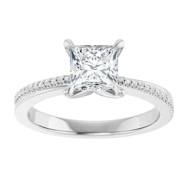 14K White Gold 1 CTW Princess-Cut Diamond Engagement Ring with Pave Band