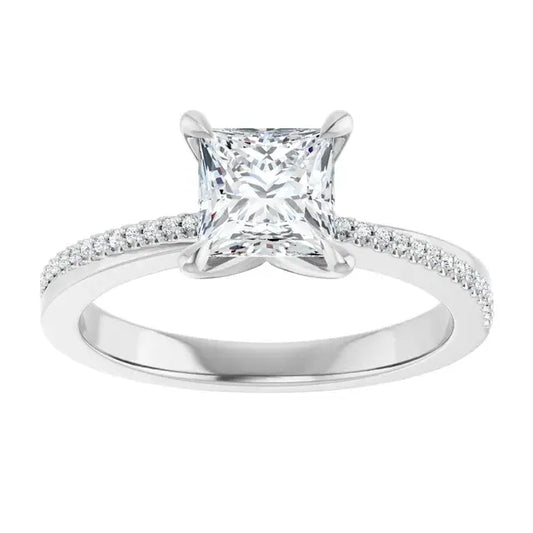 14K White Gold 1 CTW Princess-Cut Diamond Engagement Ring with Pave Band