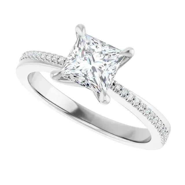 14K White Gold 1 CTW Princess-Cut Diamond Engagement Ring with Pave Band