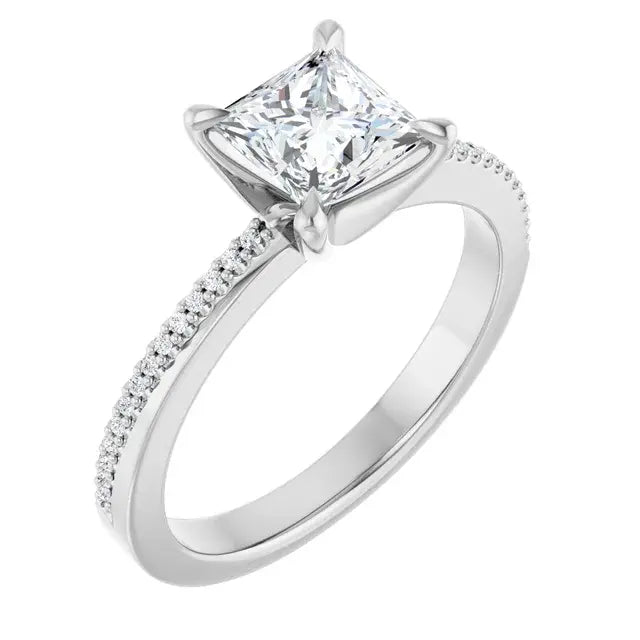 14K White Gold 1 CTW Princess-Cut Diamond Engagement Ring with Pave Band