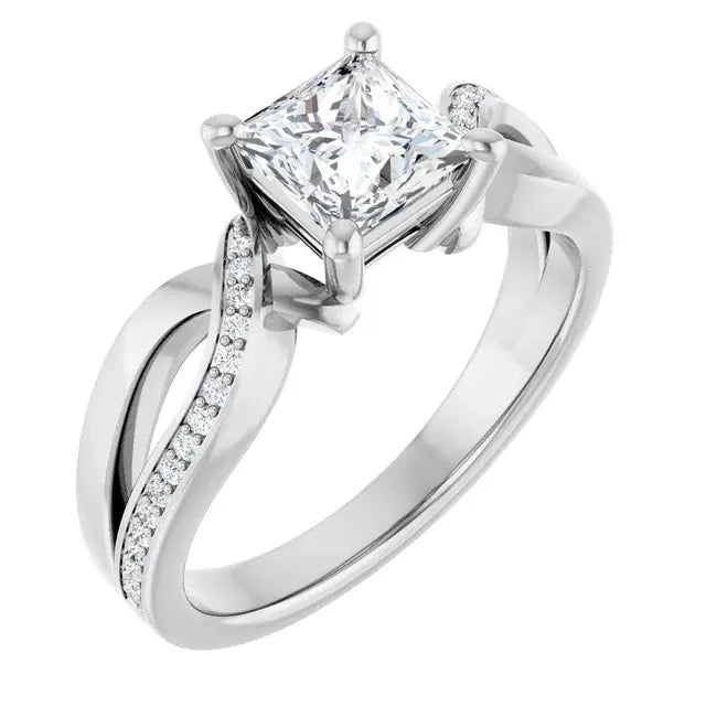 14K White Gold 1 CTW Princess-Cut Diamond Engagement Ring with Twisted Pavé Shank