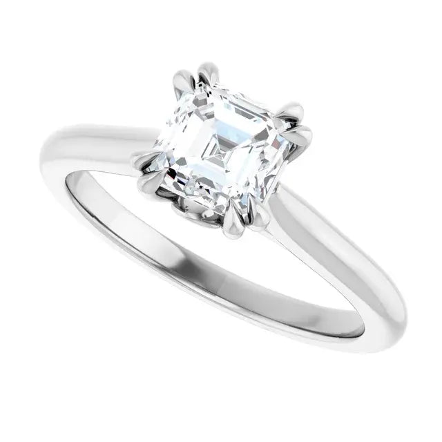 14K White Gold 1 CT Asscher Cut Diamond Solitaire Engagement Ring with Double Claw Prongs