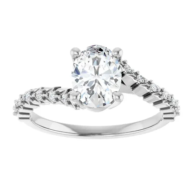 14K White Gold 1 CT Oval-Cut Diamond Engagement Ring with Twisted Pave Band