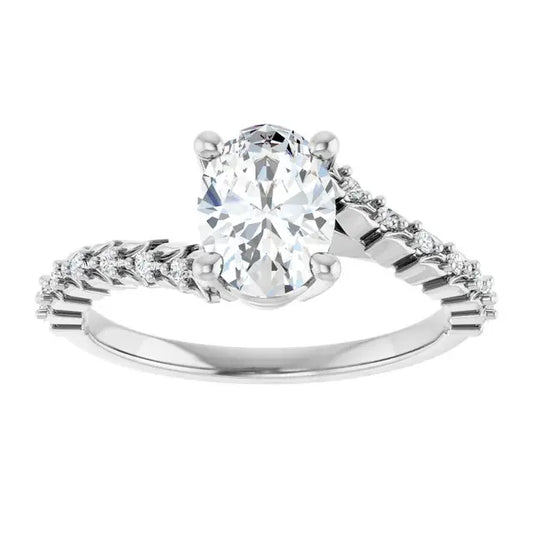 14K White Gold 1 CT Oval-Cut Diamond Engagement Ring with Twisted Pave Band