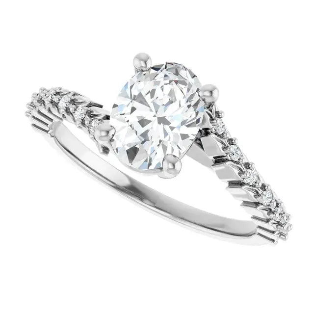 14K White Gold 1 CT Oval-Cut Diamond Engagement Ring with Twisted Pave Band