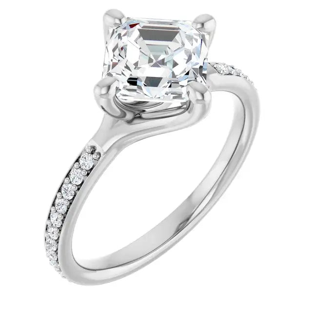 14K White Gold 2.05 CTW Asscher-Cut Lab Grown Diamond Engagement Ring with Solitaire and Pavé Band