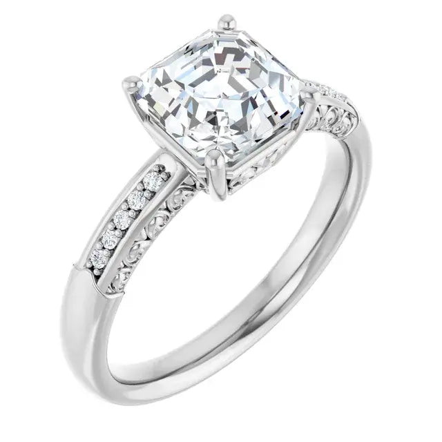14K White Gold 2.08 CTW Asscher-Cut Lab Grown Diamond Solitaire Engagement Ring with Pavé Band