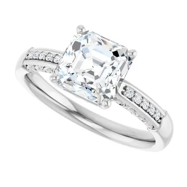 14K White Gold 2.08 CTW Asscher-Cut Lab Grown Diamond Solitaire Engagement Ring with Pavé Band