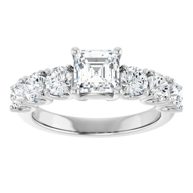 14K White Gold 2 1/5 CTW Asscher-Cut Diamond Engagement Ring with Round Side Stones