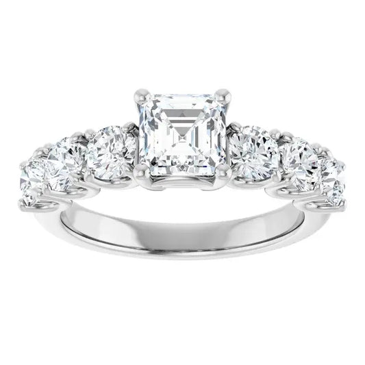 14K White Gold 2 1/5 CTW Asscher-Cut Diamond Engagement Ring with Round Side Stones