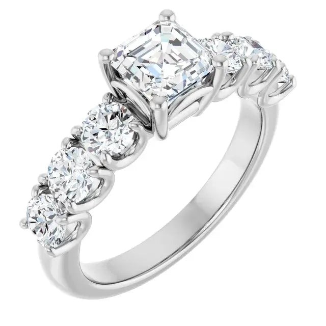 14K White Gold 2 1/5 CTW Asscher-Cut Diamond Engagement Ring with Round Side Stones
