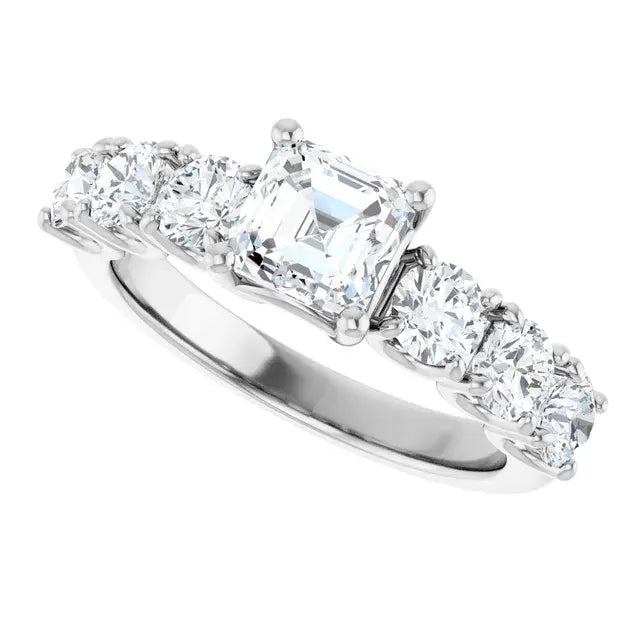 14K White Gold 2 1/5 CTW Asscher-Cut Diamond Engagement Ring with Round Side Stones