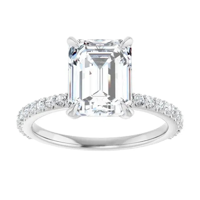 14K White Gold 2.29 CTW Emerald-Cut Hidden Halot Diamond Engagement Ring with a Pavé Band-