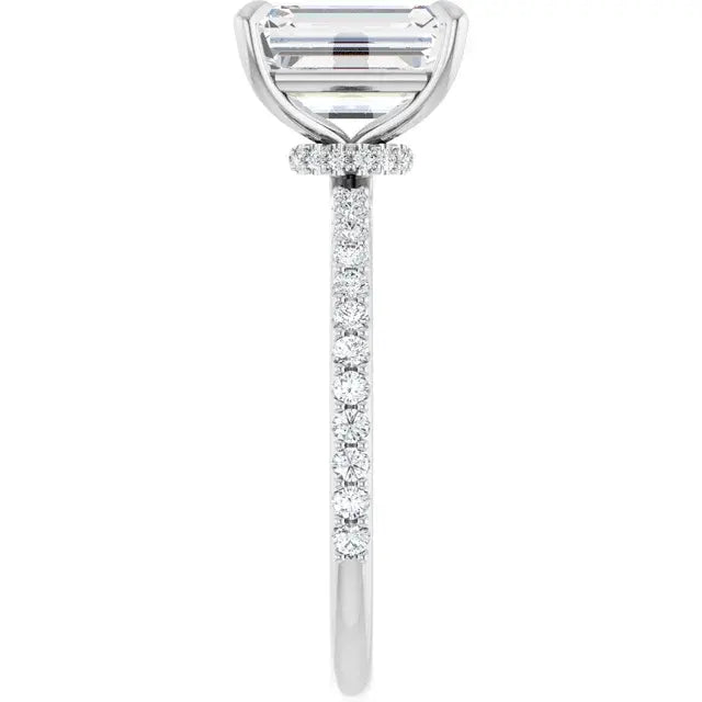 14K White Gold 2.29 CTW Emerald-Cut Hidden Halot Diamond Engagement Ring with a Pavé Band-