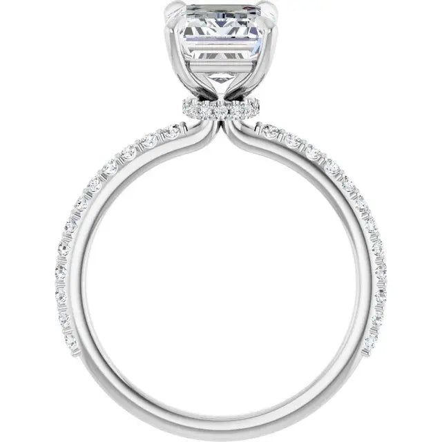 14K White Gold 2.29 CTW Emerald-Cut Hidden Halot Diamond Engagement Ring with a Pavé Band-