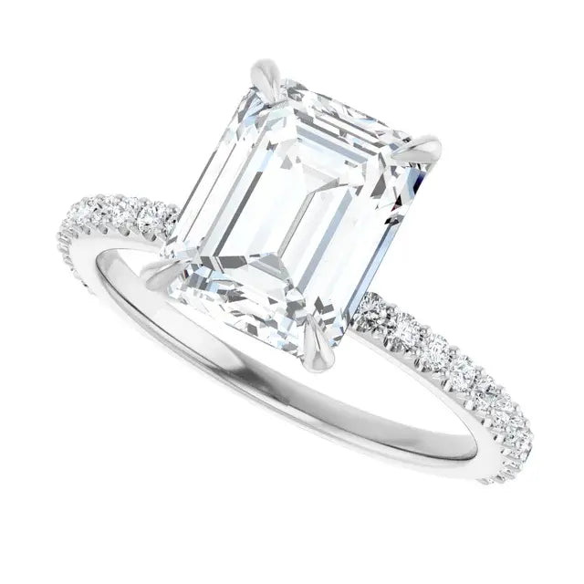 14K White Gold 2.29 CTW Emerald-Cut Hidden Halot Diamond Engagement Ring with a Pavé Band-