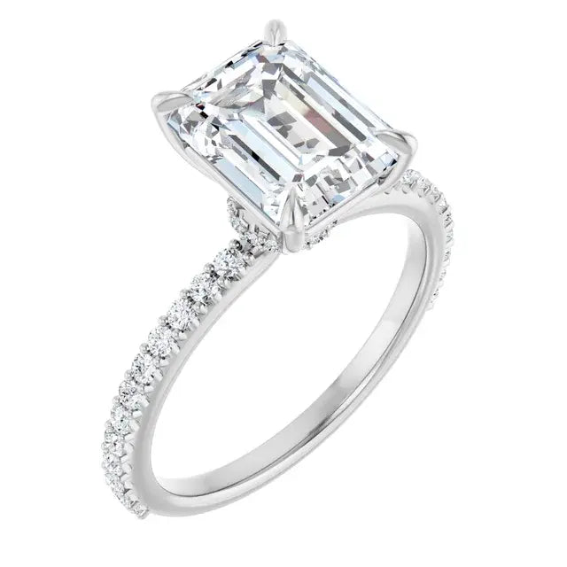 14K White Gold 2.29 CTW Emerald-Cut Hidden Halot Diamond Engagement Ring with a Pavé Band-