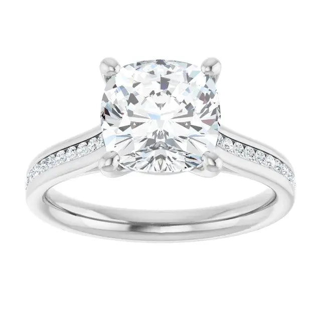 14K White Gold 2.86 CTW Cushion Solitaire Cathedral Pavé Lab Grown Diamond Engagement Ring