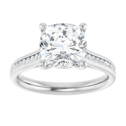 14K White Gold 2.86 CTW Cushion Solitaire Cathedral Pavé Lab Grown Diamond Engagement Ring