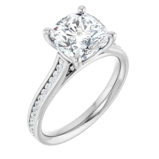 14K White Gold 2.86 CTW Cushion Solitaire Cathedral Pavé Lab Grown Diamond Engagement Ring
