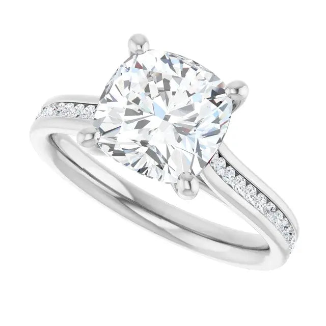 14K White Gold 2.86 CTW Cushion Solitaire Cathedral Pavé Lab Grown Diamond Engagement Ring