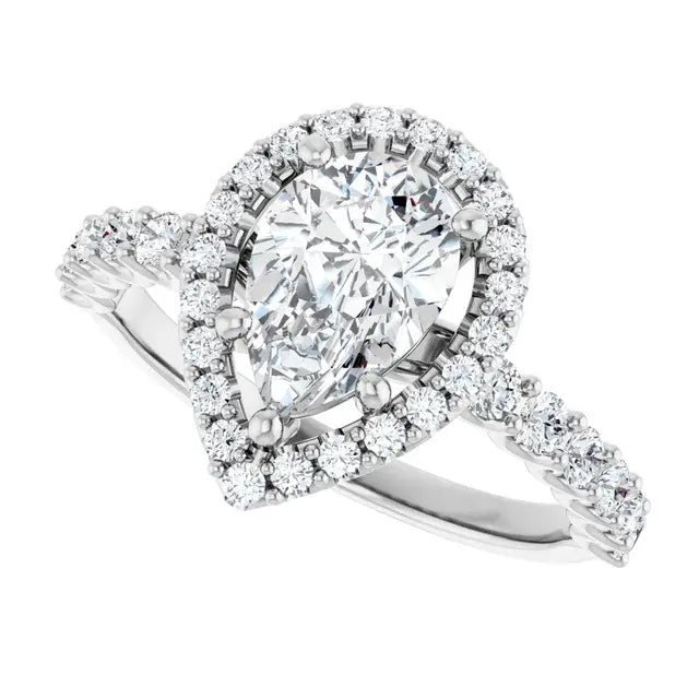 14K White Gold 2 CTW Pear-Shaped Diamond Halo Engagement Ring with Pavé Band