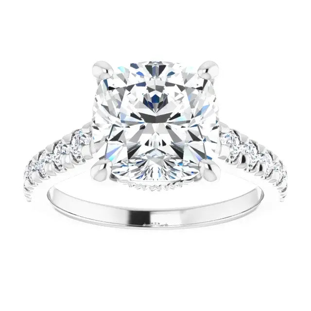 14K White Gold 3.06 CTW Cushion Solitaire Lab Grown Diamond Engagement Ring with Pavé Band