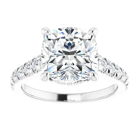 14K White Gold 3.06 CTW Cushion Solitaire Lab Grown Diamond Engagement Ring with Pavé Band