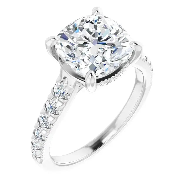 14K White Gold 3.06 CTW Cushion Solitaire Lab Grown Diamond Engagement Ring with Pavé Band