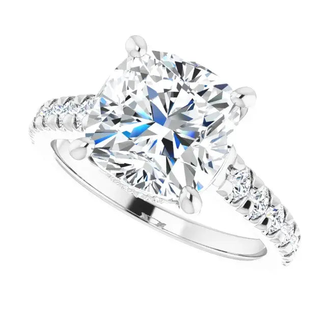14K White Gold 3.06 CTW Cushion Solitaire Lab Grown Diamond Engagement Ring with Pavé Band