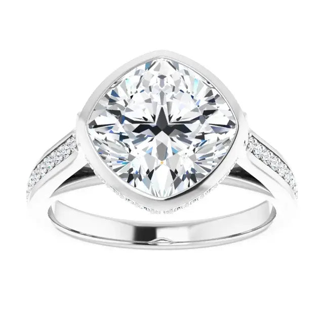 14K White Gold 3.09 CTW Cushion-Cut Lab Grown Diamond Bezel Engagement Ring with Pavé Band