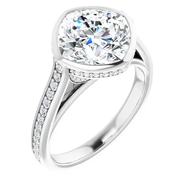 14K White Gold 3.09 CTW Cushion-Cut Lab Grown Diamond Bezel Engagement Ring with Pavé Band