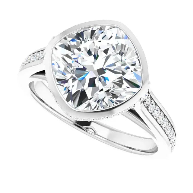 14K White Gold 3.09 CTW Cushion-Cut Lab Grown Diamond Bezel Engagement Ring with Pavé Band