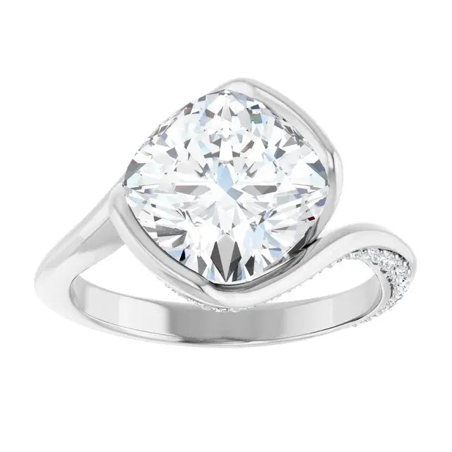 14K White Gold 3.30 CTW Cushion Half Bezel Bypass Lab Grown Diamond Engagement Ring with Pavé Band
