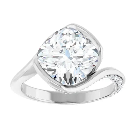 14K White Gold 3.30 CTW Cushion Half Bezel Bypass Lab Grown Diamond Engagement Ring with Pavé Band