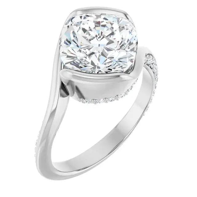 14K White Gold 3.30 CTW Cushion Half Bezel Bypass Lab Grown Diamond Engagement Ring with Pavé Band