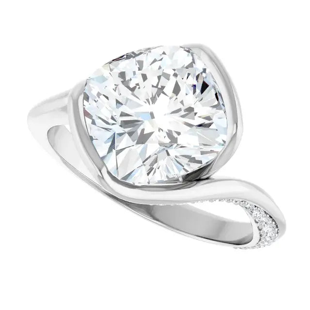 14K White Gold 3.30 CTW Cushion Half Bezel Bypass Lab Grown Diamond Engagement Ring with Pavé Band