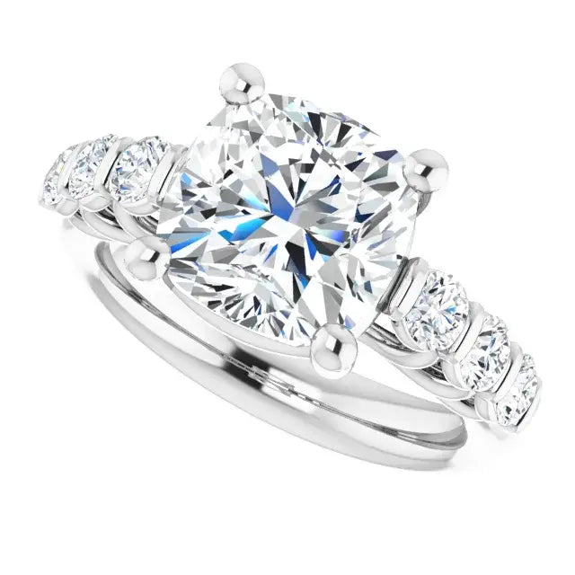 14K White Gold 3.43 CTW Cushion-Cut Lab Grown Diamond Engagement Ring with Solitaire and Pavé Band