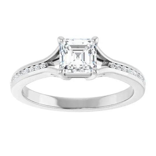 14K White Gold 3/4 CTW Asscher-Cut Diamond Engagement Ring with Tapered Pave Accents