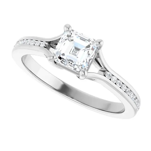 14K White Gold 3/4 CTW Asscher-Cut Diamond Engagement Ring with Tapered Pave Accents