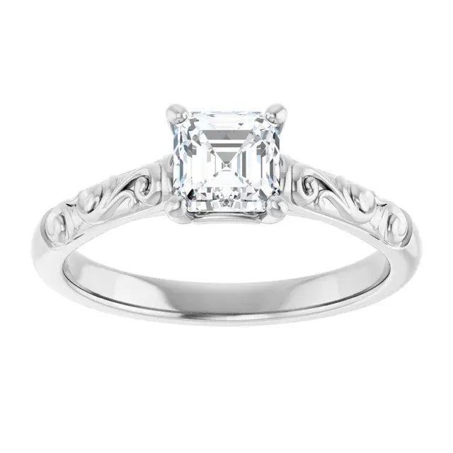 14K White Gold 3/4 CTW Asscher-Cut Diamond Engagement Ring with Vintage Scroll Design