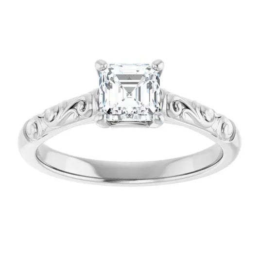 14K White Gold 3/4 CTW Asscher-Cut Diamond Engagement Ring with Vintage Scroll Design