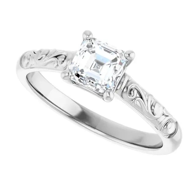 14K White Gold 3/4 CTW Asscher-Cut Diamond Engagement Ring with Vintage Scroll Design