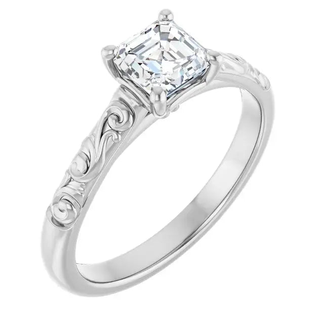 14K White Gold 3/4 CTW Asscher-Cut Diamond Engagement Ring with Vintage Scroll Design