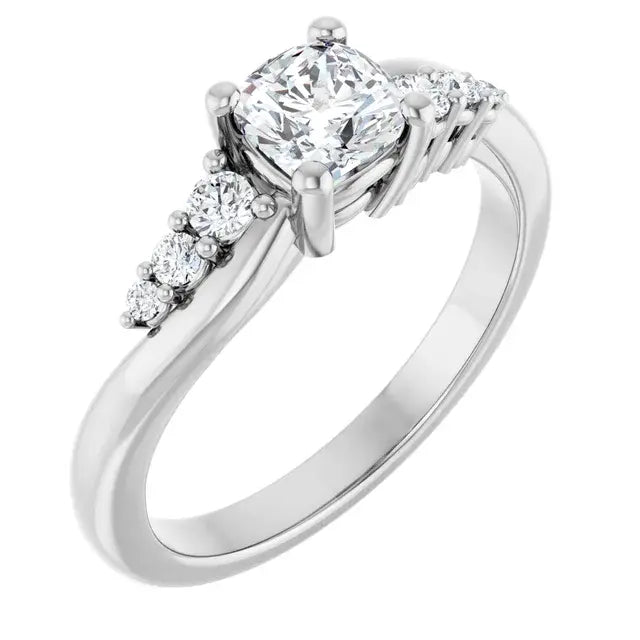 14K White Gold 3/4 CTW Cushion-Cut Diamond Engagement Ring with Graduated Side Stones